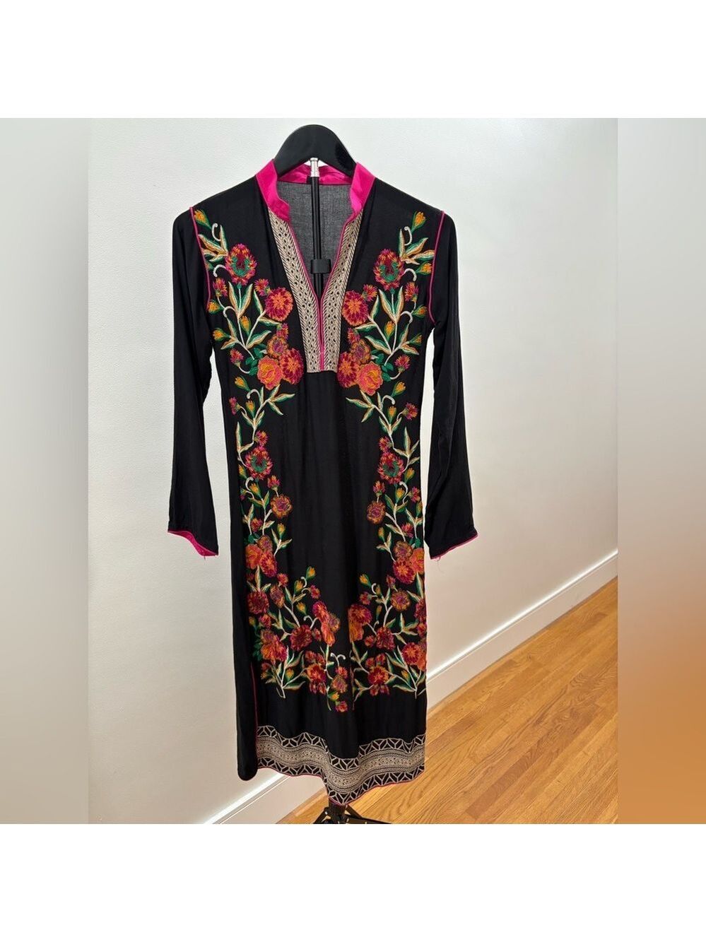 317. Floral Embroidered Black Dress With Side Slit
